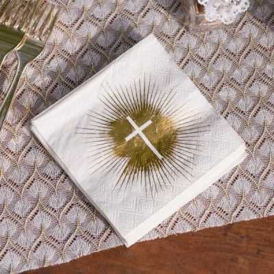 Servietten Cocktail Weiß Gold Kreuz Taufe, Kommunion, Konfirmation