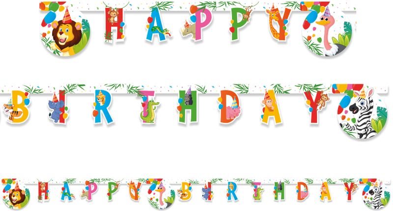 Dschungel Geburtstag Party Girlande Happy Birthday Löwe Zebra Strauss Bunt Regenbogen