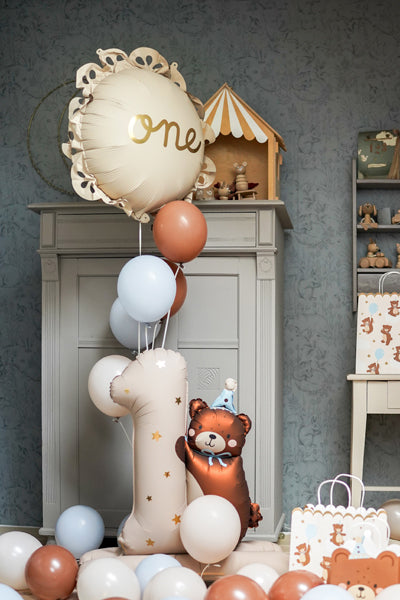 Folienballon 1.Geburtstag Junge Bär One Beige Eins Standfuß