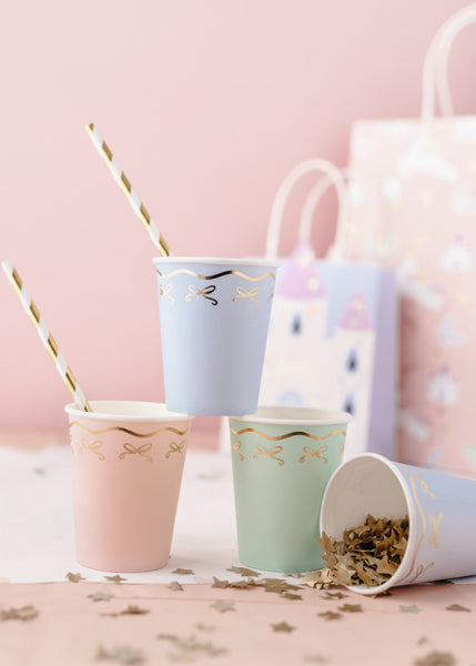 Partybecher Pastell Schnörkel Gold Pappbecher Regenbogen