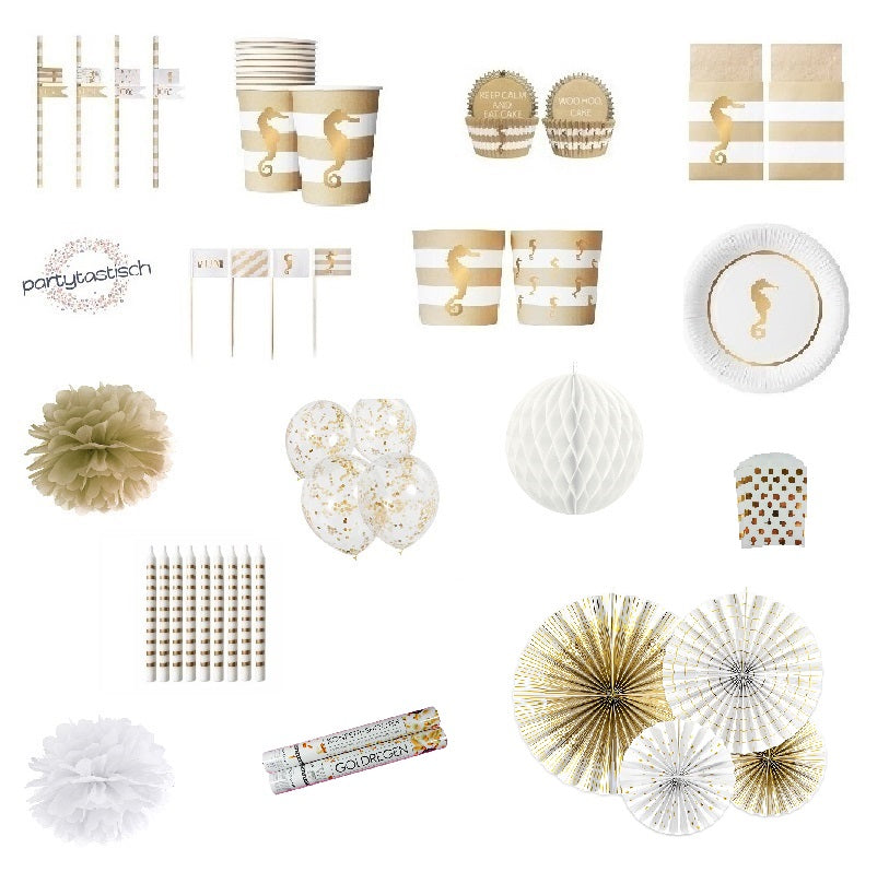 Deko Paket Party Geburtstag Dekoration stilvoll edel Gold Weiss Seahorse Preppy Seepferdchen Maritim