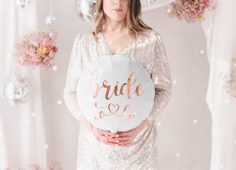 Folienballon Rund Bride to be in Weiss mit Schrift in Rosegold