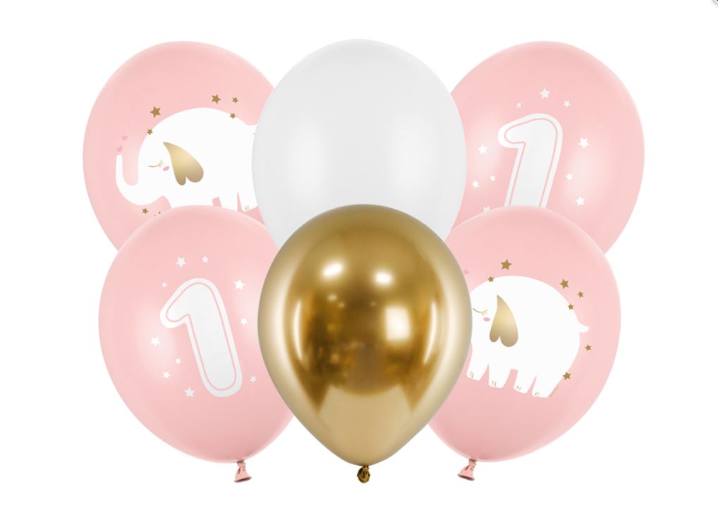 Ballon Mix Set Luftballons Latexballons Elefant Rosa Weiss Gold 1.Geburtstag
