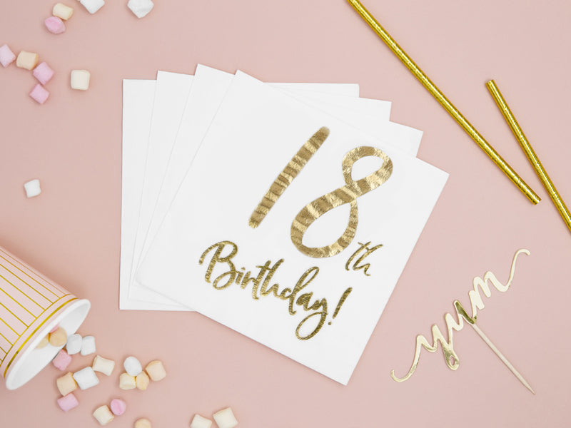Servietten Metallic Weiss gold Schriftzug für den 18. Geburtstag