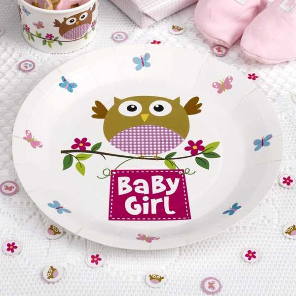 Baby Girl Eule Babyparty Babyshower Rosa Pappteller Partyteller