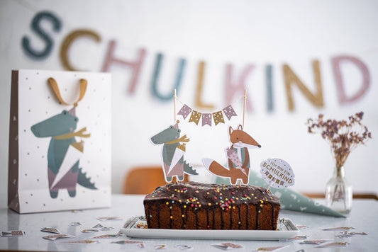 Einschlung Schulkind Party Paket Set Schulstart Krokodil und Fuchs Pastell Girlande Caketopper Erinnerungsheft Konfetti