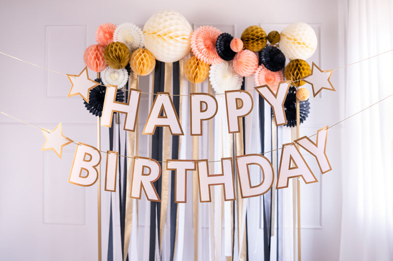 Happy Birthday Banner Girlande Creme Beige Gold