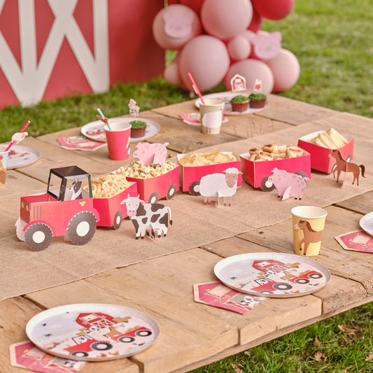 Bauernhof Party Farm Geburtstag Kuh Pferd Schaf Schwein Snackbox Süßigkeitenstand Candy Bar Popcornbox Traktor Rot Partydeko Scheune