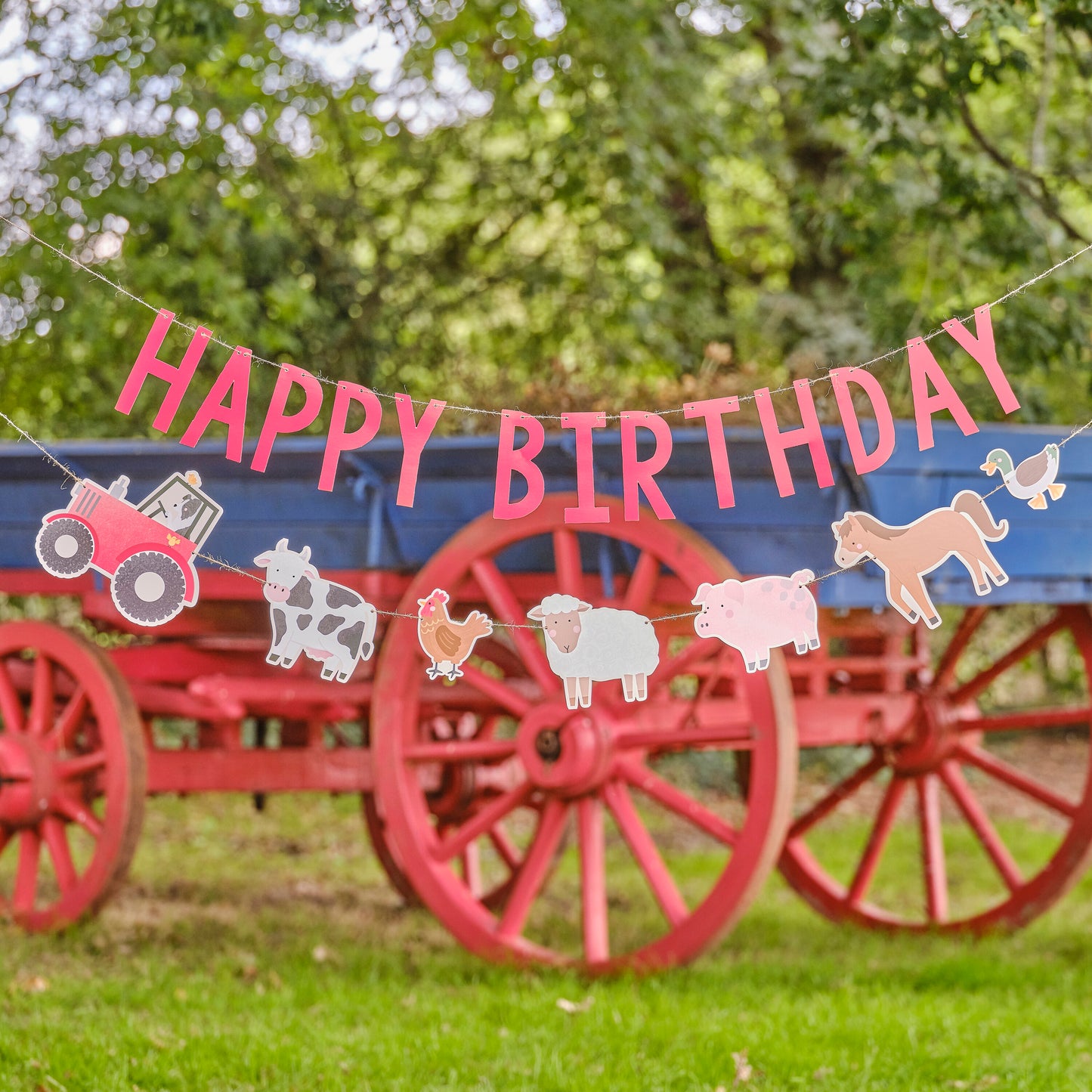 Bauernhof Party Farm Geburtstag Kuh Pferd Schaf Schwein Traktor Happy Birthday Girlande Rot Partydeko