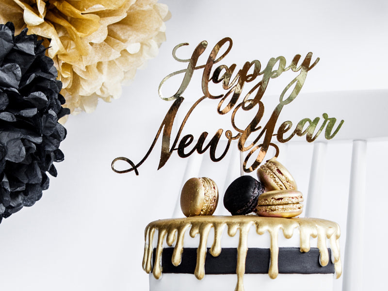 Happy New Year Caketopper Tortendeko Gold Metallic Silvester