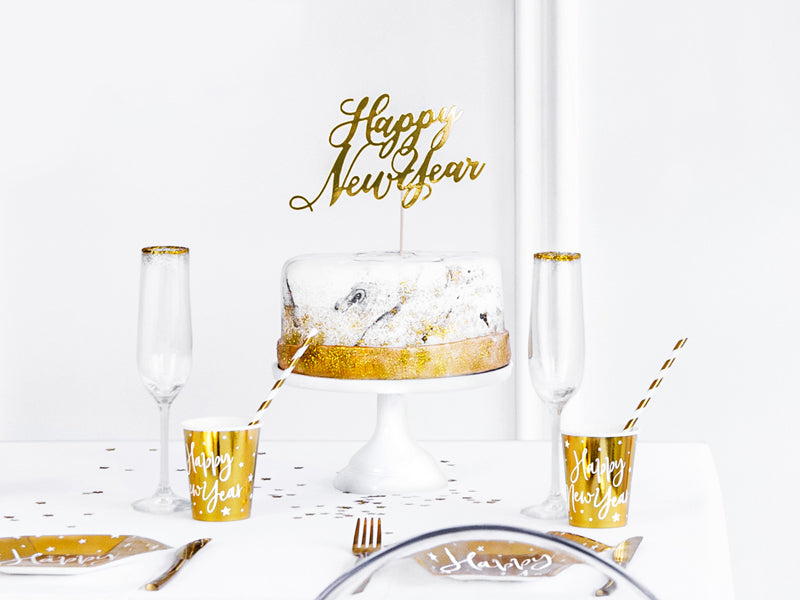 Happy New Year Caketopper Tortendeko Gold Metallic Silvester