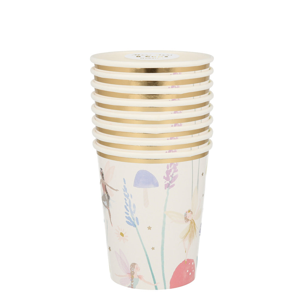 Feen Elfen Märchen Party Paket Set Pappbecher Partybecher Weiss Gold Blumen Meri Meri