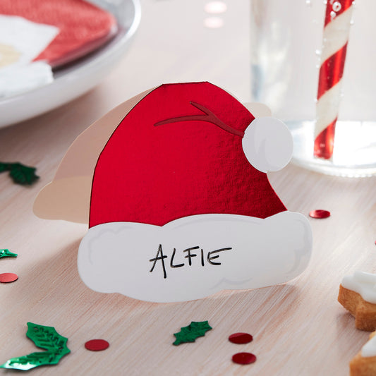 Weihnachten Platzkarten Weihnachtsmann Mütze Rot Metallic Tischdeko