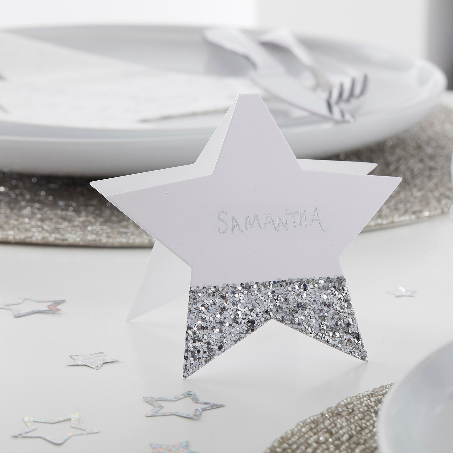 Platzkarte Stern Silber Glitzer Weihnachten Tischdeko