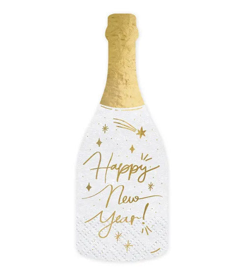 Servietten Silvester Weiss Gold Happy New Year Sektflasche Flasche