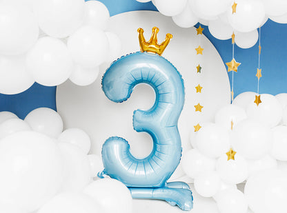 Folienballon Hellblau Krone Drei Standfuß 3.Geburtstag Junge