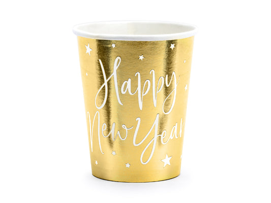 Pappbecher Partybecher Gold Weiss Sterne Metallic Happy New Year Silvester