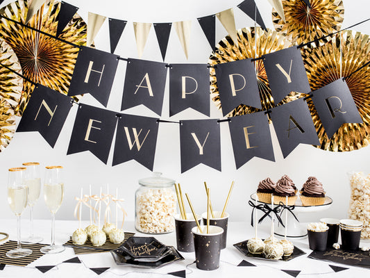 Schwarz Gold Silvester Happy New Year Girlande