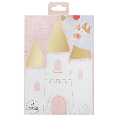 Pappteller in Weiss, Rosa und Gold in Form eines Schlosses Prinzessinnen Party