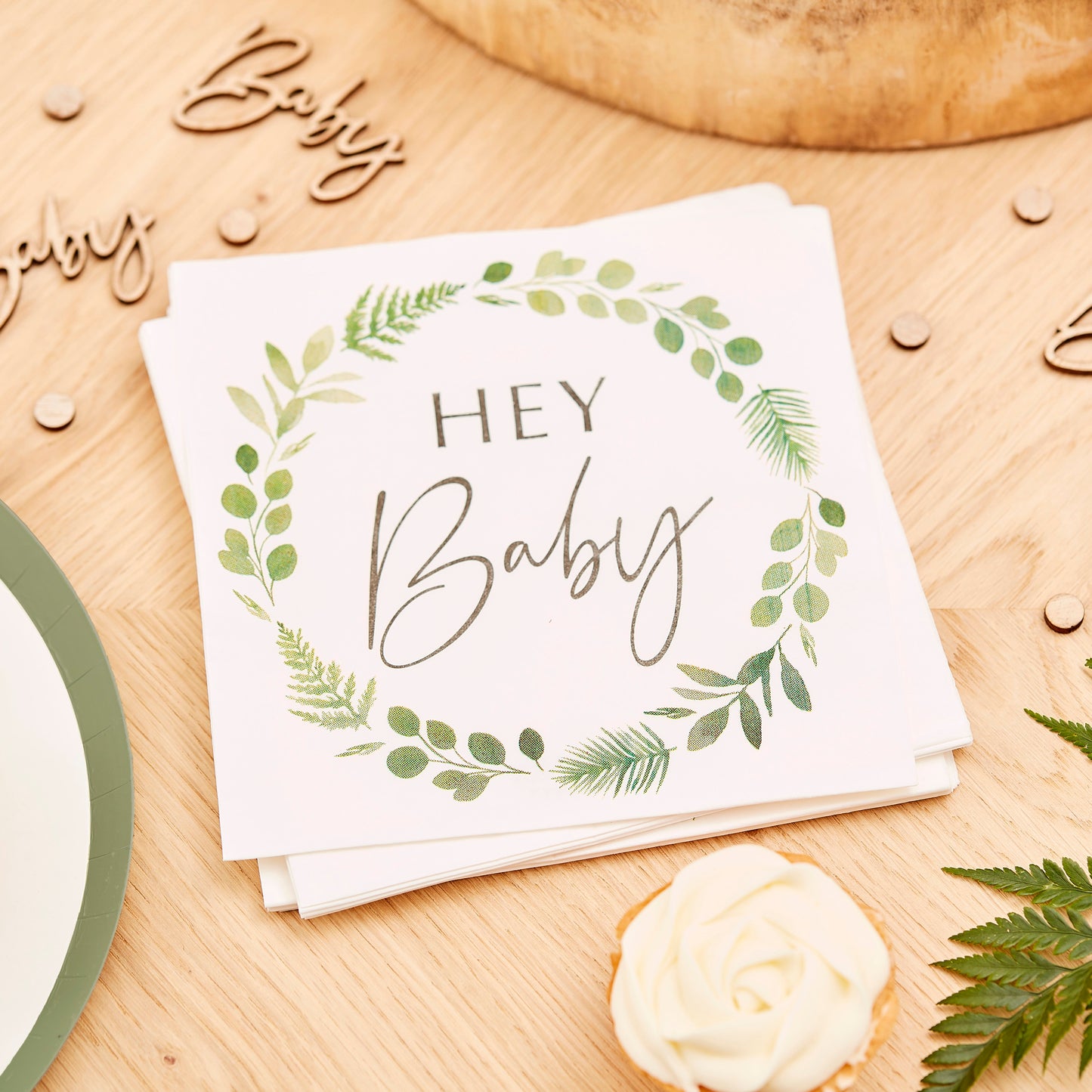 Hello Baby Party Babyshower Holz Eukalyptus Grün Salbei Servietten