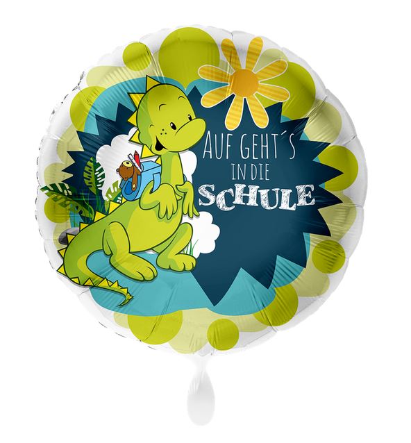 Folienballon "Auf gehts in die Schule" mit kleinem Drachen in Grün und Blau