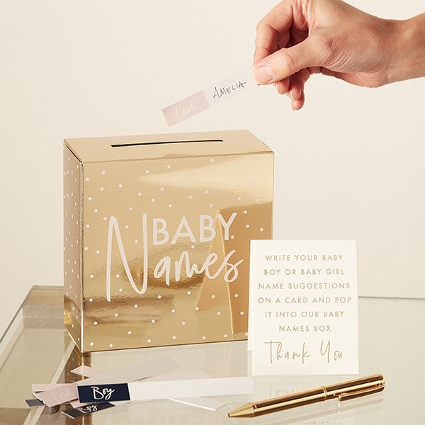 Box für Namenspiel mit 60 Kärtchen für Namensvorschläge in Gold für Baby Party Babyshower Spiel