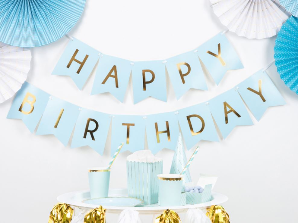 Happy Birthday Girlande Hellblau Blau Gold