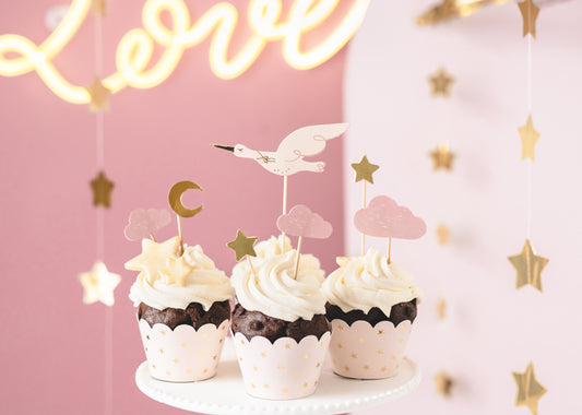 niedliche Caketopper mit Storch, Wolken, Sternen und Mond in Rosa und Gold