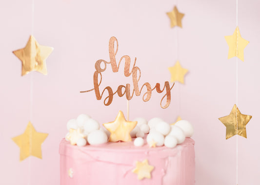 Caketopper "Oh Baby" aus Papier für deine Baby Party in Roségold