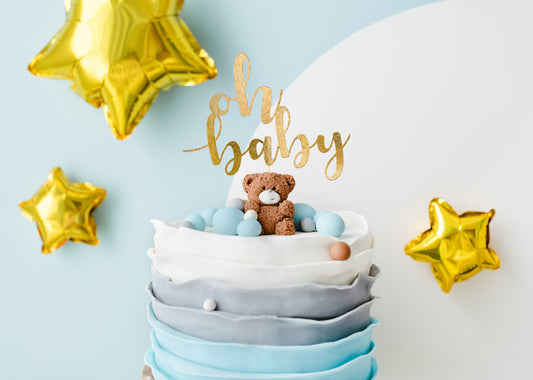 Caketopper "Oh Baby" aus Papier für deine Baby Party in Gold