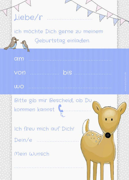 Waldtiere Party Kinder Geburtstag Einladung Fuchs Igel Eichhörnchen Reh