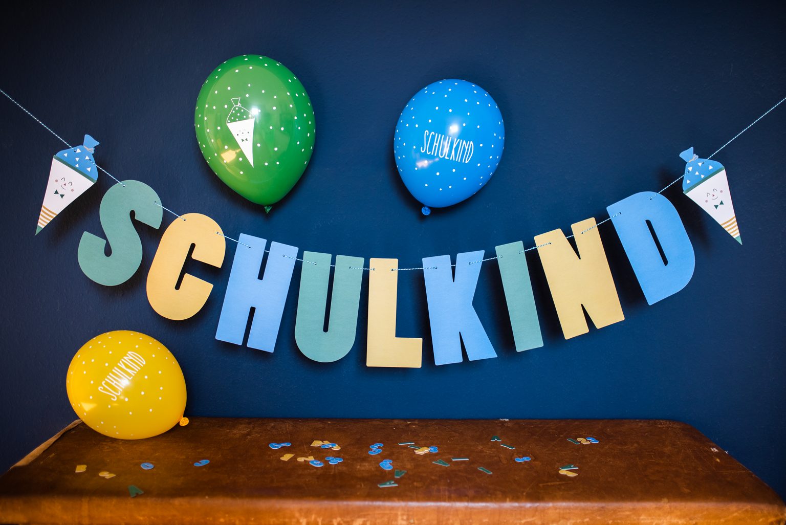 Einschulung Dekoration Ava & Yves Schulstart Schulkind Schule Schulanfang Blau Grün Schultüten Girlande