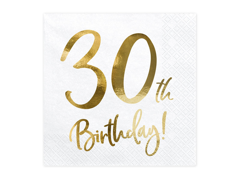 Servietten Metallic Weiss gold Schriftzug für den 30. Geburtstag