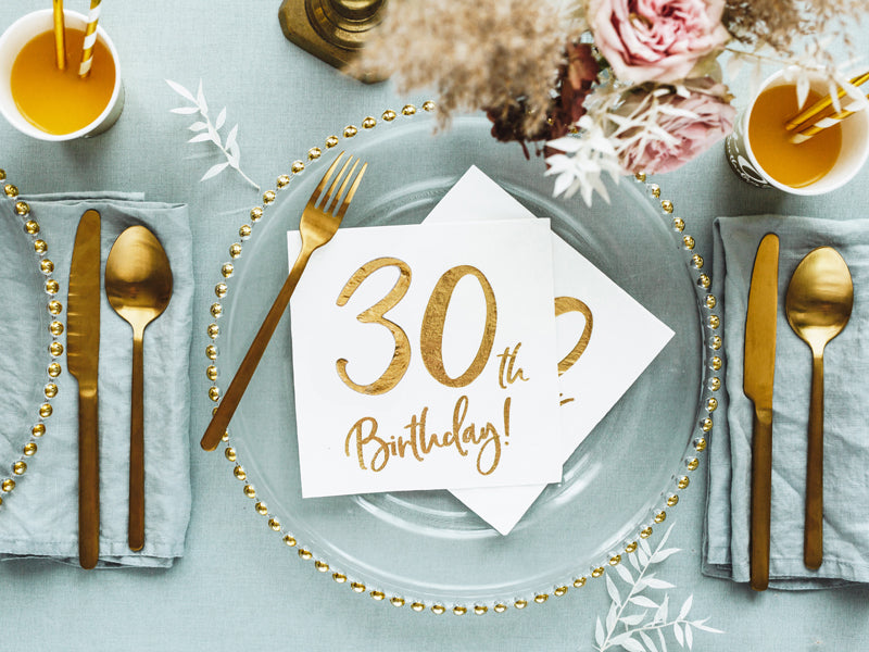 Servietten Metallic Weiss gold Schriftzug für den 30. Geburtstag