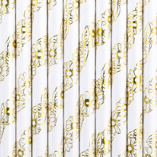 Papiertrinkhalme Blumen Gold Weiss Trinkhalme Strohhalme