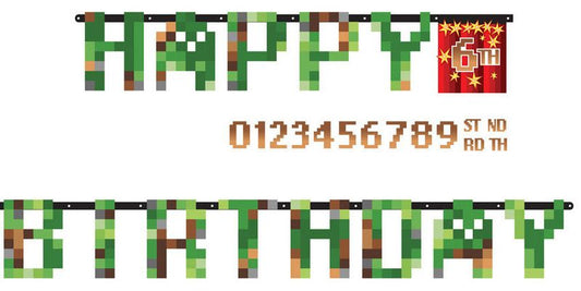 Happy Birthday Girlande Gaming Party Pixel Level Up Game on