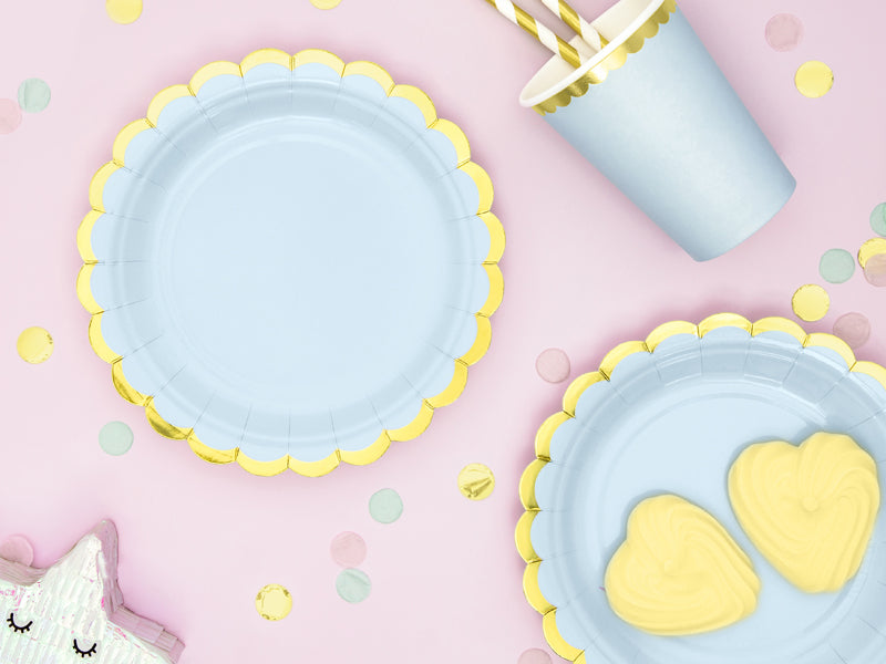 Pappteller Partyteller Hellblau Rosa Weiss Goldrand
