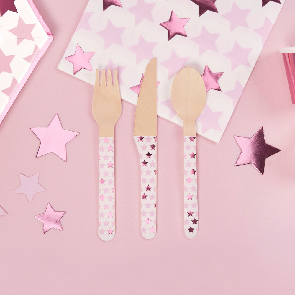 Holzbesteck Baby Party Metallic Pink Rosa Mädchen Sterne