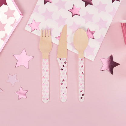 Holzbesteck Baby Party Metallic Pink Rosa Mädchen Sterne