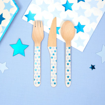 Holzbesteck Baby Party Blau Sterne Metallic