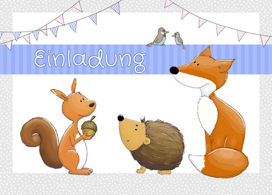 Waldtiere Party Kinder Geburtstag Einladung Fuchs Igel Eichhörnchen Reh
